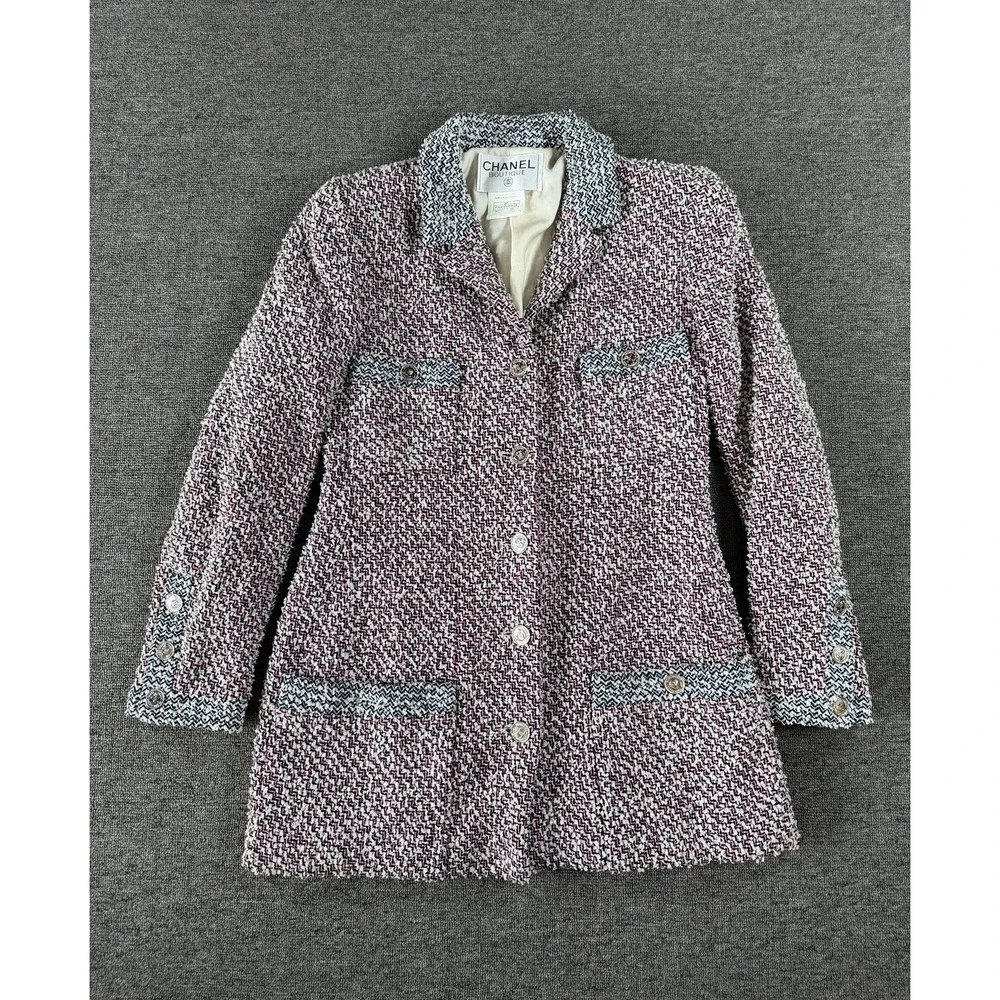 Vintage Chanel Coat Womens 38 Tweed Chain Hem Logo Buttons France 90s Authentic